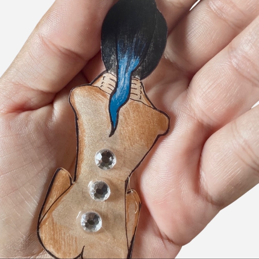 Woman w/ blackblue hair turned silhouette with stones handmade pendant necklace